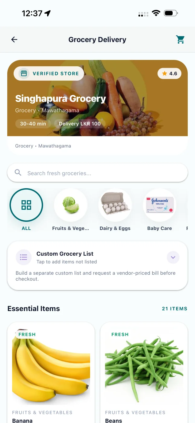 ShopMate grocery app with categories and a custom grocery list