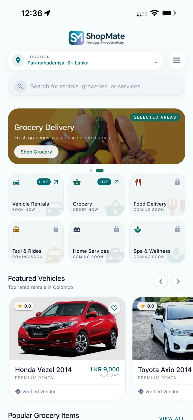 ShopMate app home with service categories and featured vehicles