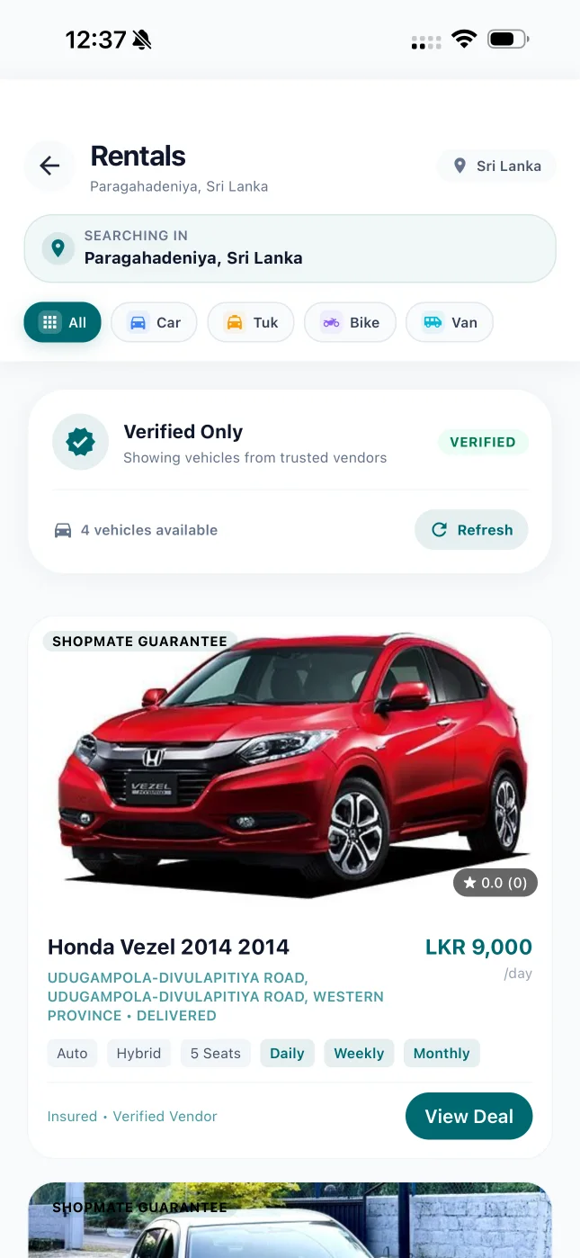 ShopMate app rental listings with vehicle categories and pricing